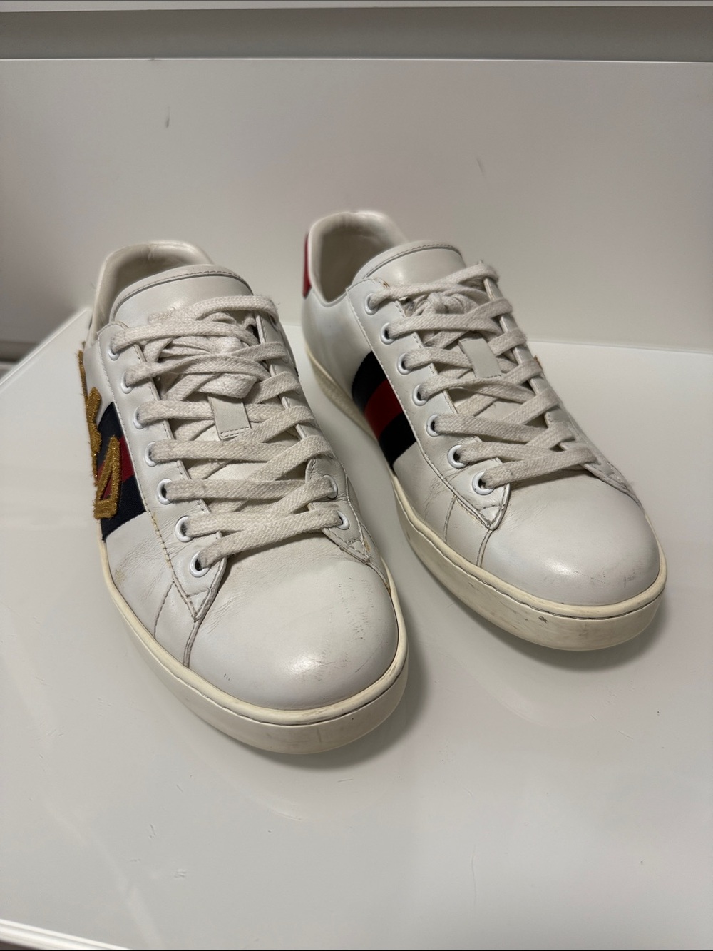 Gucci White Leather 'Loved' Sneakers with Red, Blue & Gold Accents - Picture 17 of 17